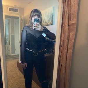 NWT TADASHI SHOJI Mesh/Velvet Long Sleeve Top with Beading 80s/90s Style